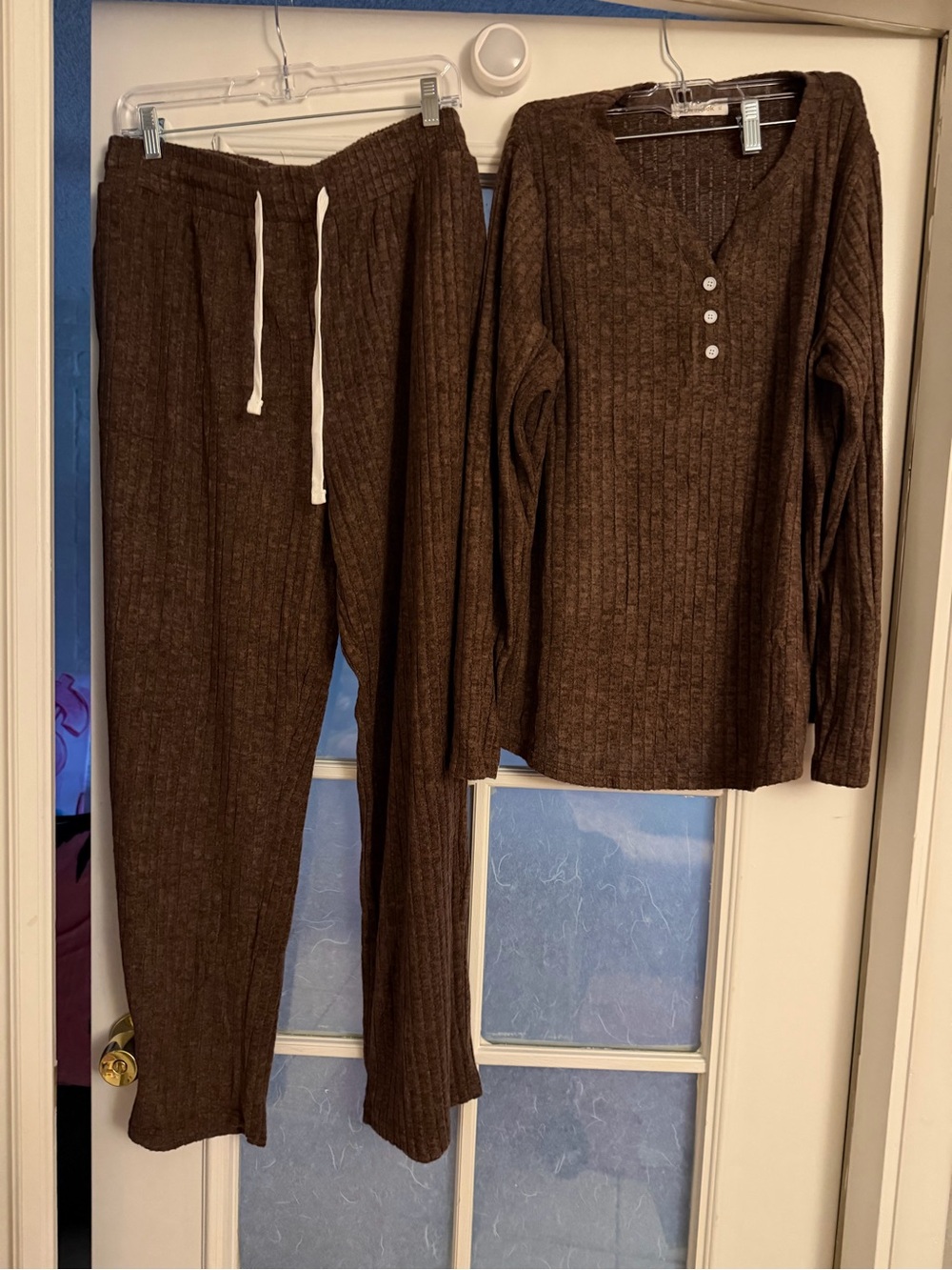 Brown Ribbed Henley Top & Lounge Pants Set